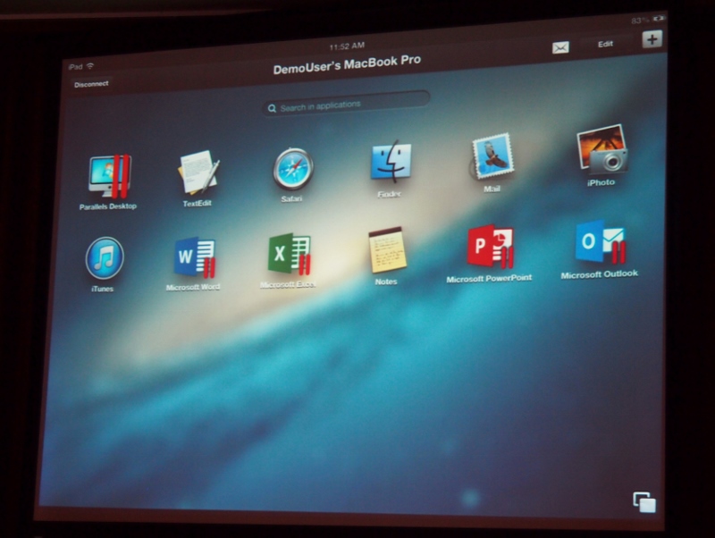 発表会場で行われた「Parallels Access for iPad」のデモ。iPad上で、別のパソコンに入っているMacやWindowsのアプリを起動できる