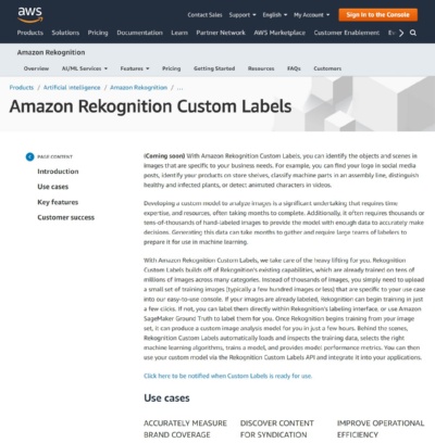 Amazon Rekognition Custom Labelsの公式ページ。2019年12月3日に一般提供を開始する予定