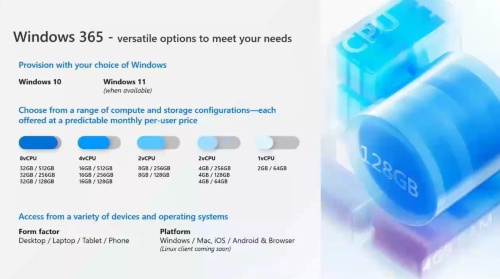 2021年8月2日に提供を開始した「Windows 365」で選択できるオプション。組み合わせに応じて1ユーザーあたりの月額料金が決まる仕様だ