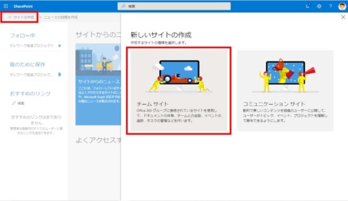 図3●SharePointの画面左上の「サイトの作成」をクリックし、右側に表示された画面で「チームサイト」をクリックする。