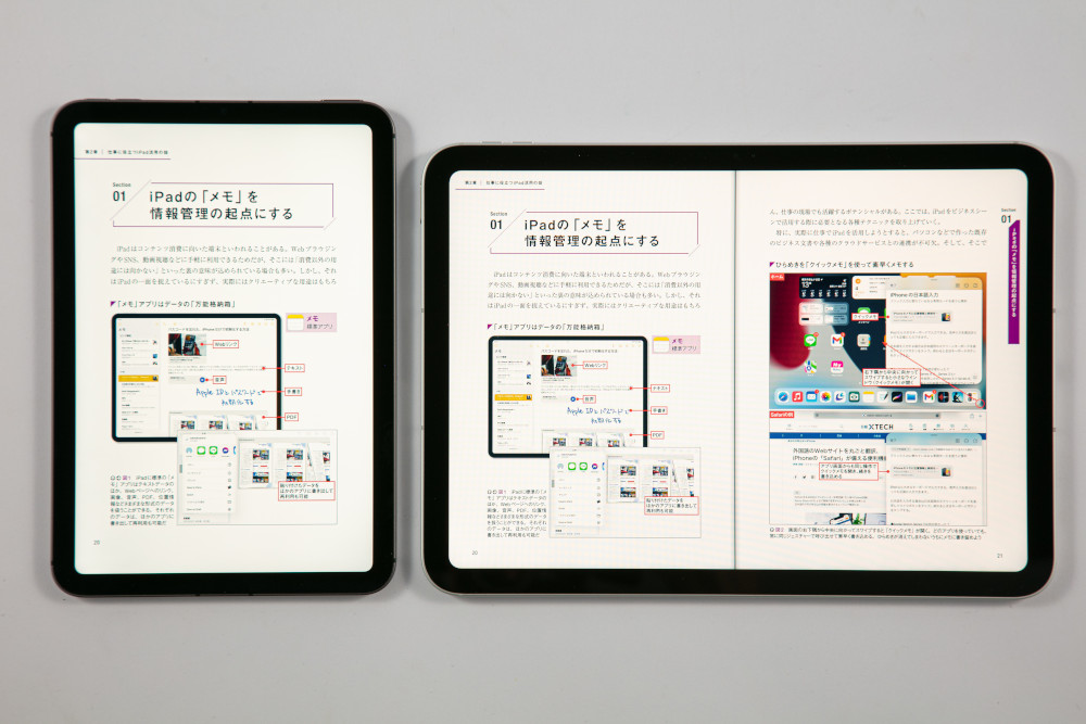 電子書籍のサイズにもよるが、見開きで表示しなければならないもの以外はiPad mini 6でも快適に読める（左）。見開きにする場合はiPad 10のほうが有利だ（右）