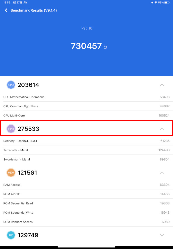 「AnTuTu Benchmark」でGPU性能を測定した。iPad 10のGPUスコアは275533
