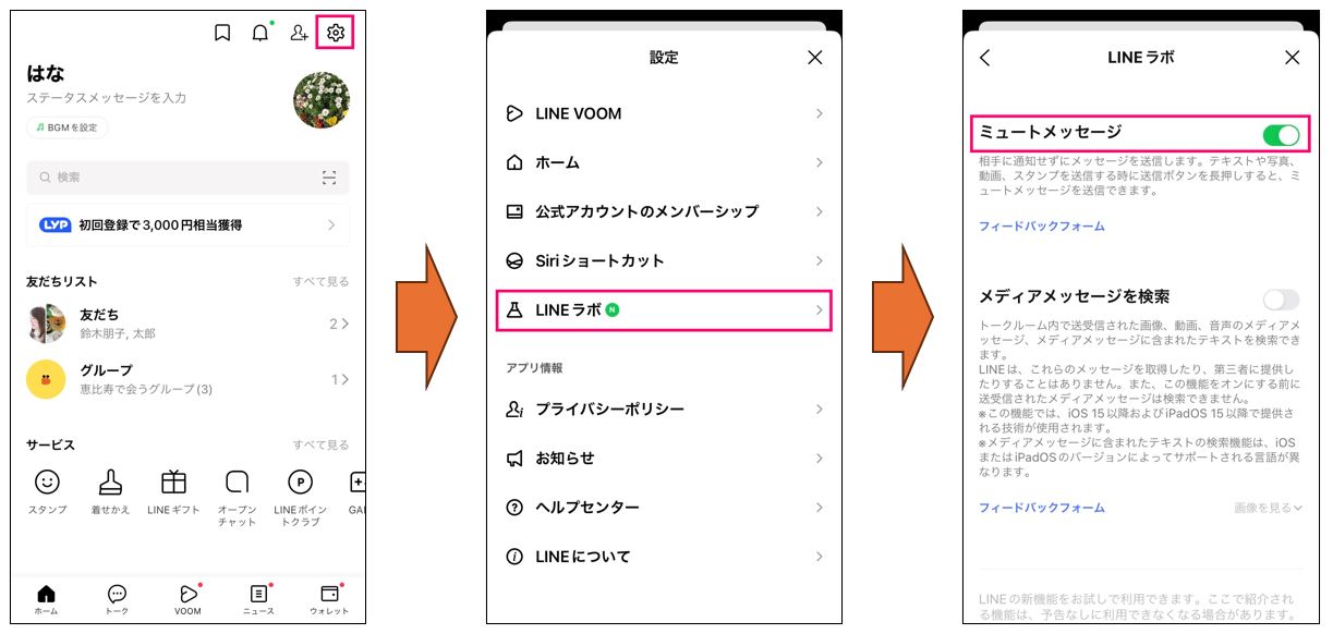 「ホーム」画面で設定ボタンをタップ（左）、「LINEラボ」を選択する（中央）。「ミュートメッセージ」をオンにする（右）