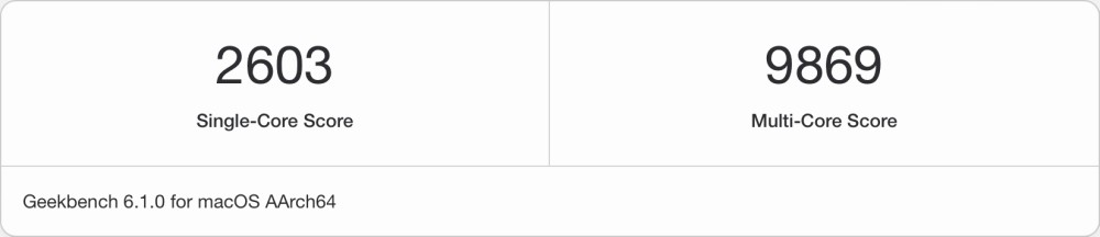 「Geekbench 6」で測定した13インチMacBook AirのCPU値は「シングルコア／マルチコア」の順で「2603／9869」