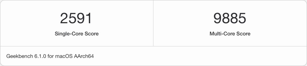 15インチMacBook AirのCPU値は「2591／9885」。13インチモデルとほぼ同じ性能と考えてよいだろう