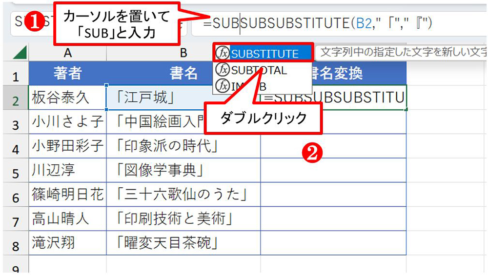 C2を選んだ状態で、「数式バー」を見ると、数式は「=SUBSTITUTE(B2,"「","『")』になっている。この数式の「=」と「S」の間にカーソルを置く。そして、「SUB」と入力すると、関数名に「SUB」をもつ関数が一覧になるので、「SUBSTITUTE」をダブルクリックする