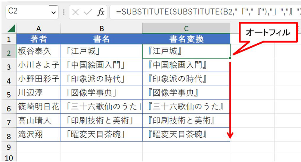 書名に二重カギかっこの『江戸城』が一発で返った。あとはこれをC8までオートフィルすれば完成だ