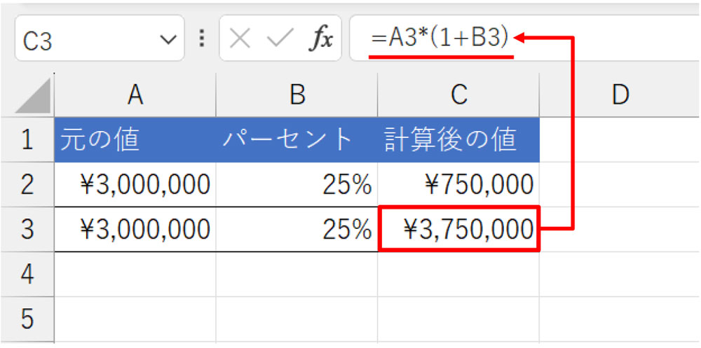 C3に「=A3*(1+B3)」と入力する。「￥3,750,000」が返った