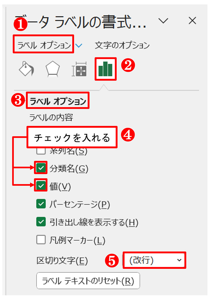 作業ウィンドウの「ラベルオプション」→「ラベルオプション」→「ラベルオプション」で、「分類名」と「値」にチェックを入れる。さらに、「区切り文字」を「改行」に変更する