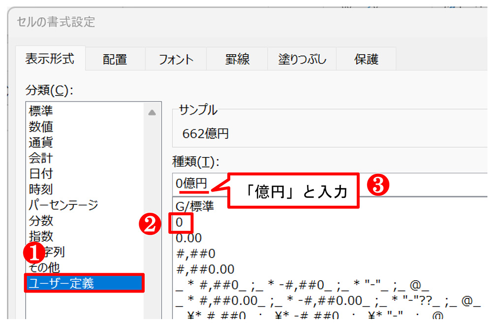 「分類」から「ユーザー定義」を選び、「種類」から「0」を選び、その末尾に「億円」と入力する。「種類」が「0億円」になったら「OK」ボタンを押す