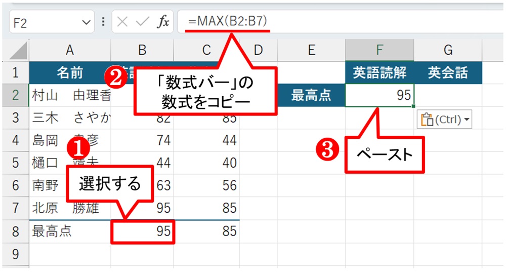 B8を選び、「数式バー」の数式をコピーしてF2にペーストする。これだと相対参照は働かない