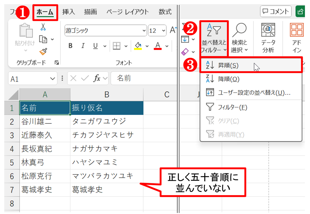 「ホーム」タブの「並べ替えとフィルター」ボタンから「昇順」を選び、並べ替えた。しかしよく見ると正しい五十音順には並んでいない