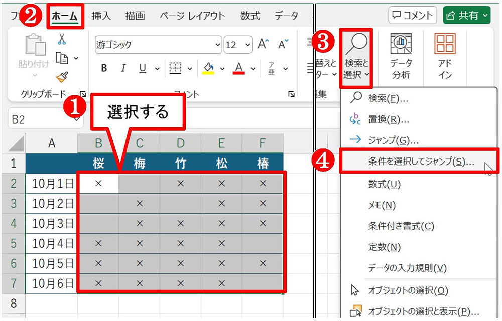 B2:F7を選択したら、「ホーム」タブの「検索と選択」ボタンから「条件を選択してジャンプ」を選ぶ