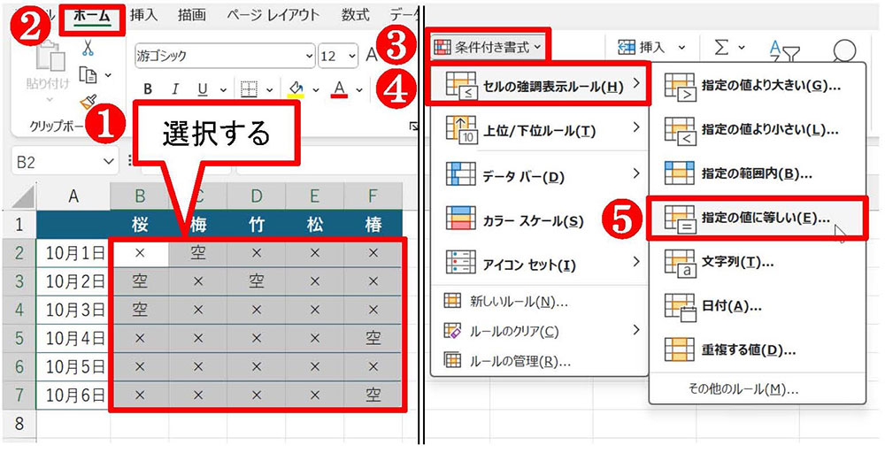 B2:F7を選択して「ホーム」タブの「条件付き書式」ボタンから「セルの強調表示ルール」→「指定の値に等しい」を選ぶ