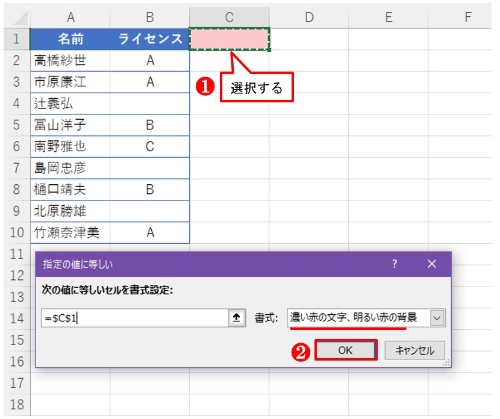 「次の値に等しいセルを書式設定」のテキストボックスにカーソルを置いてC1を選ぶ。「書式」は「濃い赤の文字、明るい赤の背景」になっていることを確認して「OK」ボタンを押す