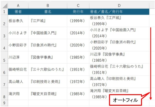 「書名」と「発行年」の間で改行できた。これをD8までオートフィルする
