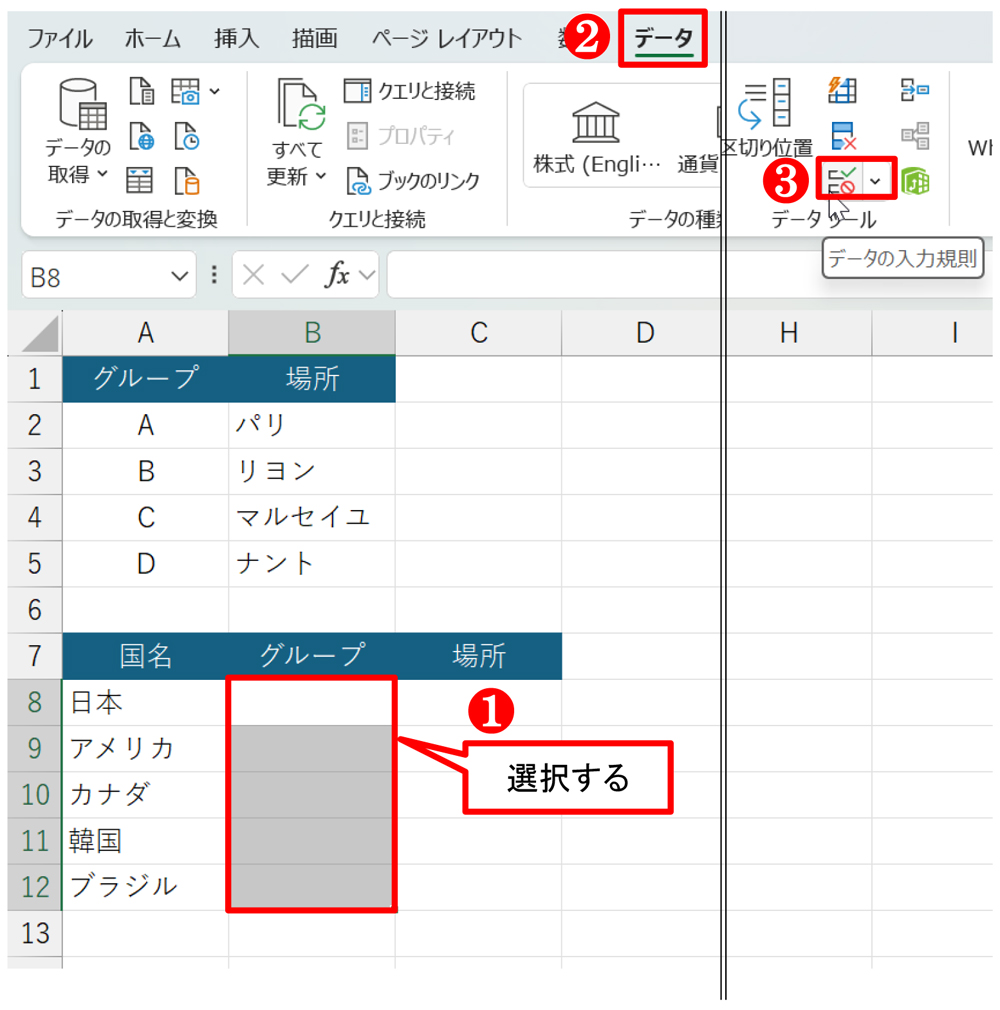 B8:B12を選択したら「データ」タブの「データの入力規則」ボタンをクリックする