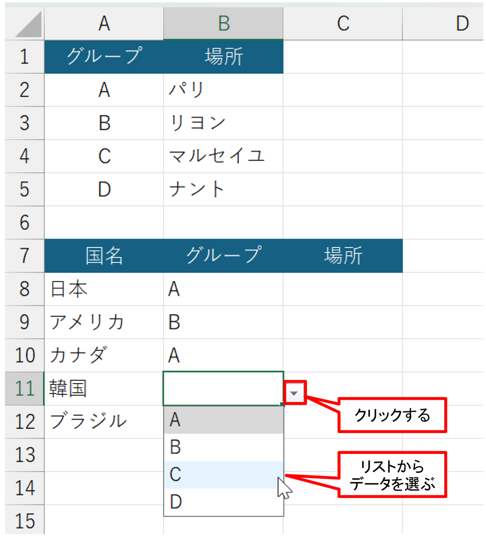 B8:B12のいずれかのセルを選ぶと右側に「▼」ボタンが出る。これをクリックしてドロップダウンリストを表示し、リストからデータを選ぶ