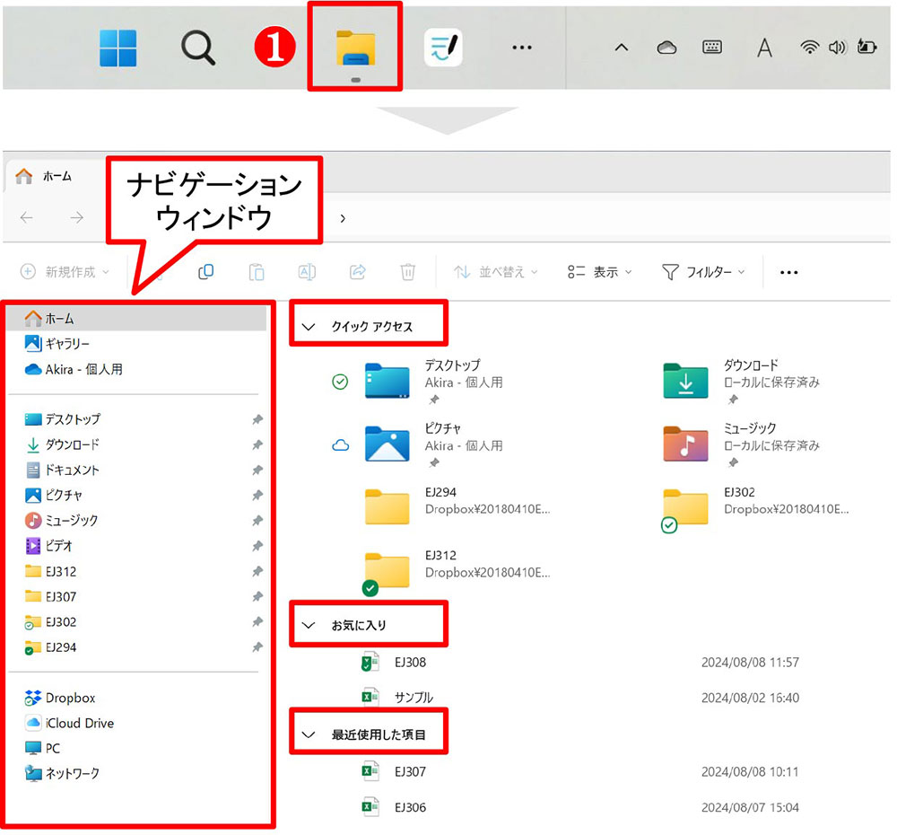 「エクスプローラー」をクリックして「ホーム」画面を開いた（[Windows]キー＋[E]のショートカットキーでも開く）。画面左側にクラウドストレージやフォルダーが並び、右側にはよく使うフォルダーとファイルが並ぶ