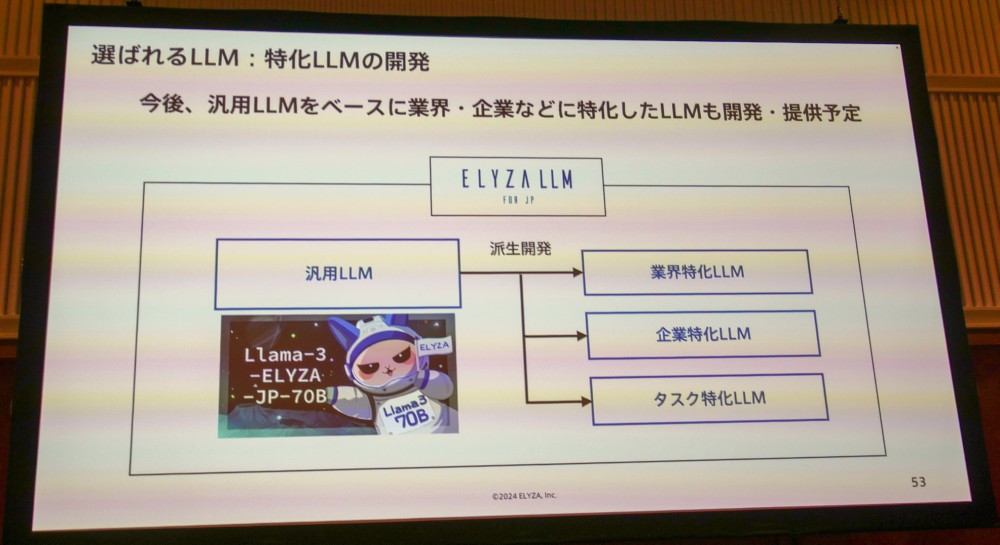 ELYZAでは開発したLLMを派生させ、特定の業界や分野などに特化したLLMの開発に力を入れていく方針だという。写真は2024年6月26日のELYZA発表会から