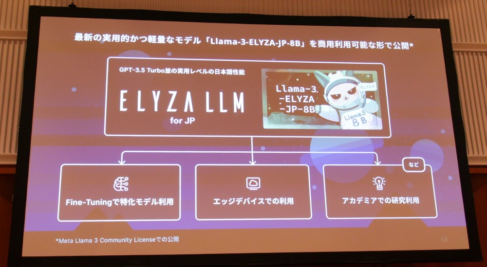 軽量モデルのLlama-3-ELYZA-JP-8Bは一般公開し、ビジネスや研究などに幅広く使ってもらう方針を打ち出している。写真は2024年6月26日のELYZA発表会から