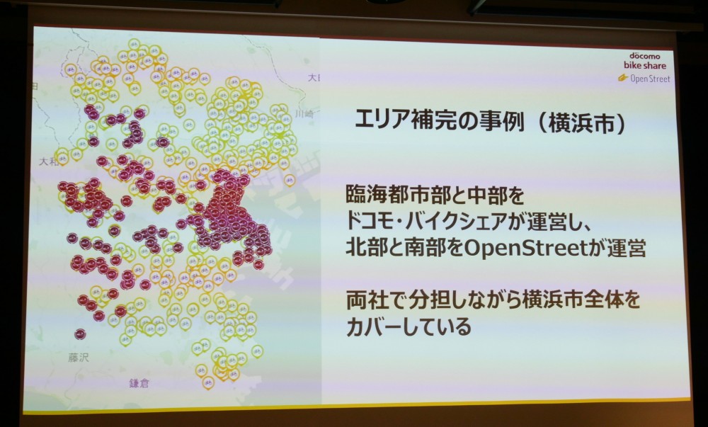 各社が個々に自治体と連携してポートの確保を進めた結果、横浜市のように南北と中央部とで利用エリアが分断されてしまったケースが生じている。写真は2024年7月10日に実施された、ドコモ・バイクシェアとOpenStreetの事業提携に関する発表会から