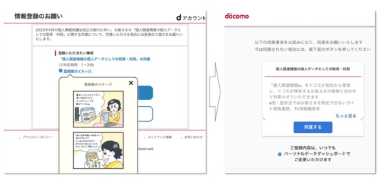 NTTドコモが「dアカウント」サービスで始めた個人関連情報に関する同意手続きの一部。マンガも併用して、企業がどう情報を利用するか理解しやすくするよう努めている（左）。先に進むと同意を求めるページ（右）に遷移する