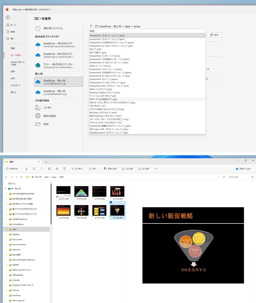 PowerPointは、ファイルをJPEG形式で保存できる。ファイル名のフォルダーが作られて、その中にスライドが1枚ずつJPEGで保存される仕組みだ