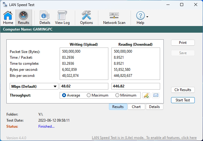 「LAN Speed Test」は、ネットワーク速度を調べるツール。ネットワーク上の共有フォルダーをテスト先として指定することで、ネットワークの速度を測れる