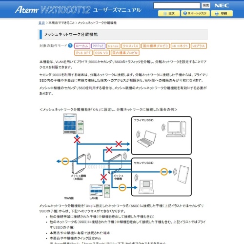 メッシュネットワーク環境下でVLANを使ったアクセス制限ができるWi-Fiルーターもある。上の画面は、NECプラットフォームズ「Aterm WX11000T12」の取扱説明書