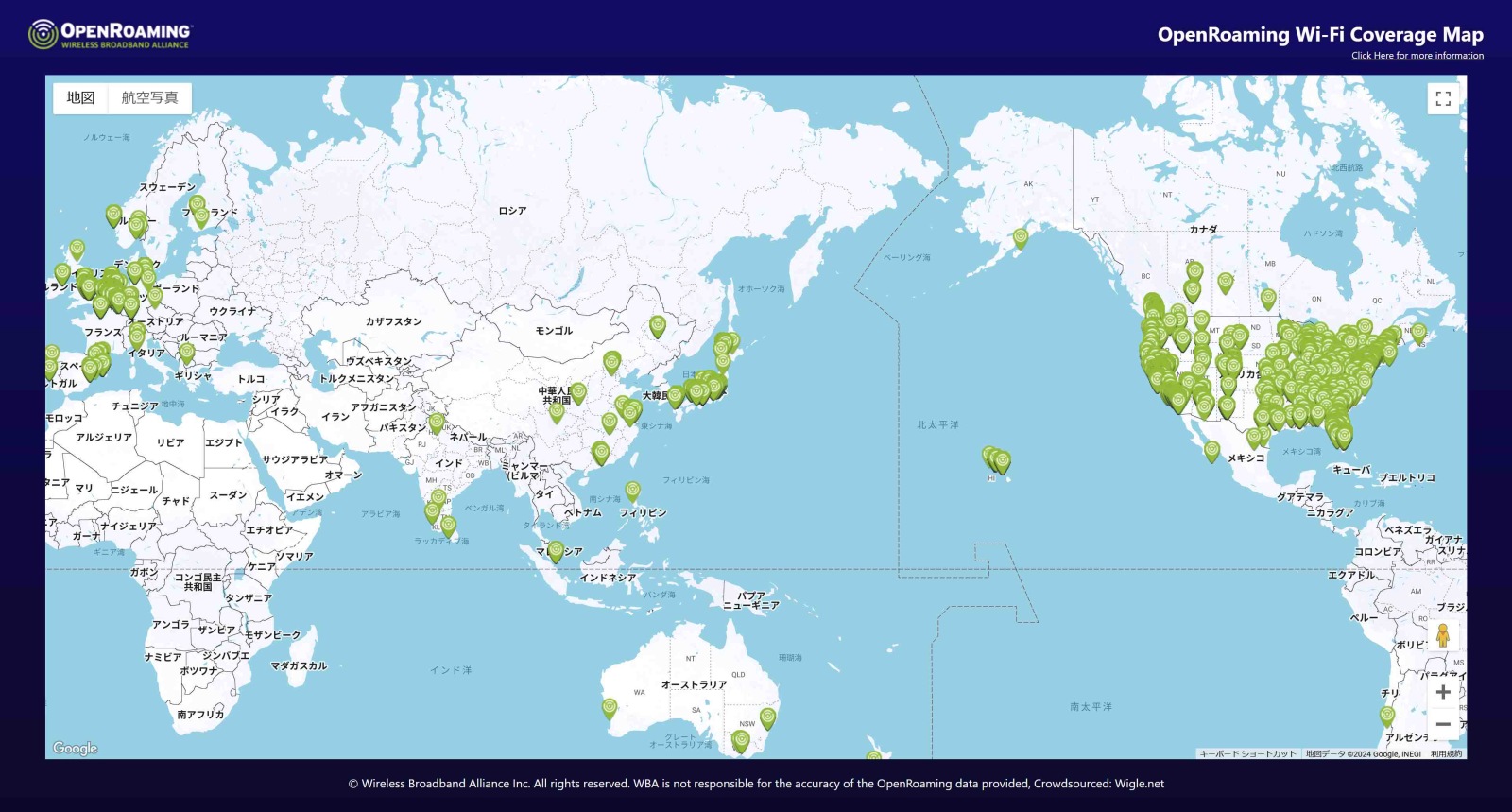 OpenRoming対応のアクセスポイントは、Wireless Broadband AllianceのWebページで確認できる（https://wballiance.com/openroamingmaps/）。米国や欧州での導入が多く、日本国内では東京や大阪を中心に数多く設置されている