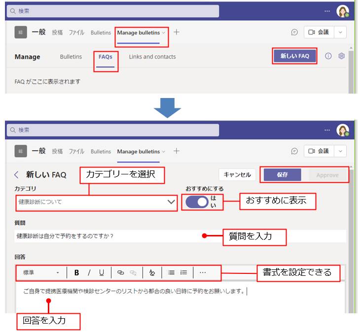 「FAQs」タブの右上にある「新しいFAQ」をクリックして「新しいFAQ」画面を表示する。「カテゴリ」で作成したカテゴリーを選択、トップの「おすすめ」の位置に表示する場合は「おすすめにする」の「はい」をクリック。下のテキストボックスで、質問とそれに対応する回答を入力する。終了したら「保存」をクリックし、問題なければ「Approve」をクリックして公開する