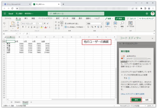 共有されたブックを他のユーザーが開くと、初めて開いた場合は、「実行権限」画面が表示されるので、「許可」ボタンをクリックする