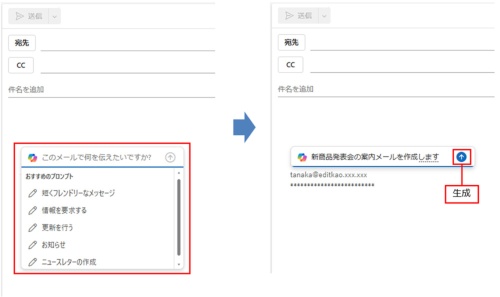 Copilotが表示され、「おすすめのプロンプト」が表示されている。このプロンプトを利用するか、上のボックスに直接作成したいメール内容を入力して「生成」をクリックしよう