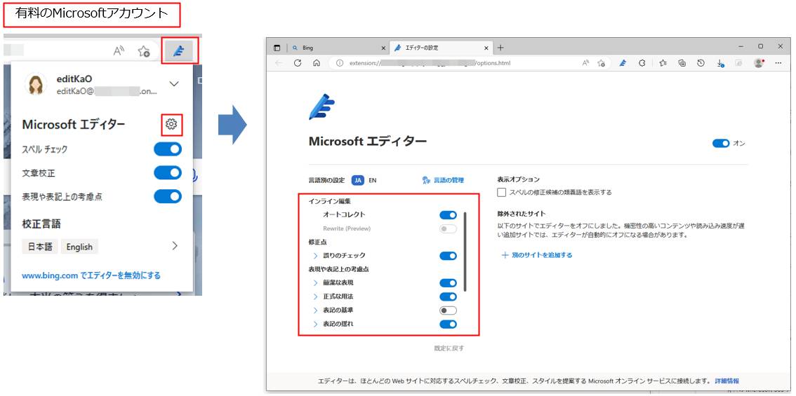 画面は有料のMicrosoft 365 Business StandardプランのMicrosoftアカウントでサインインした画面。歯車アイコンをクリックして表示される設定画面で詳細を確認できる