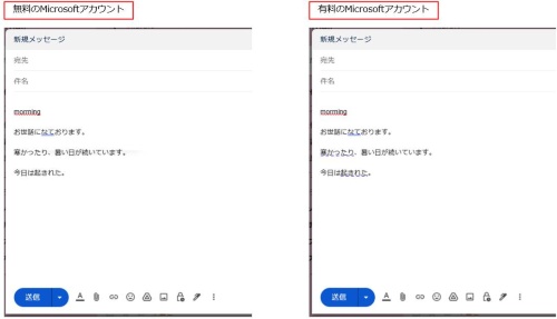 Gmailのメール作成画面で、無料版と有料版の結果を比較してみた。無料版ではスペルミスには赤い波線、誤入力には青い二重線が表示されている。有料版では、適切ではないと推測される表現にも線が付いている