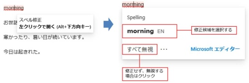 波線が付いている部分をポイントすると修正内容が表示される。そのまま左クリックで開くと、修正候補が表示されるので、正しいものがあれば選択する
