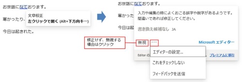 誤字の場合、青の二重線が表示され、該当部分を左クリックで開くと、修正についてのヒントが表示される。書き換えると表示が消える。なお、画面下の「…」(その他のオプション)をクリックすると、メニューが表示され、エディターの設定やこの修正はチェックしないなどの指定ができる