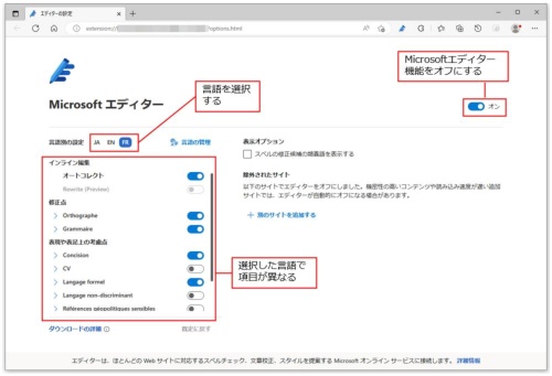 言語によって設定できるスペルチェックや文法チェック、表現の指摘内容は異なる。チェック内容を確認するには、上部の「言語別の設定」から言語を選択し、下に表示された設定内容を確認しよう。なお、Microsoftエディターのチェックをやめる場合は、設定画面の右上をオフにする