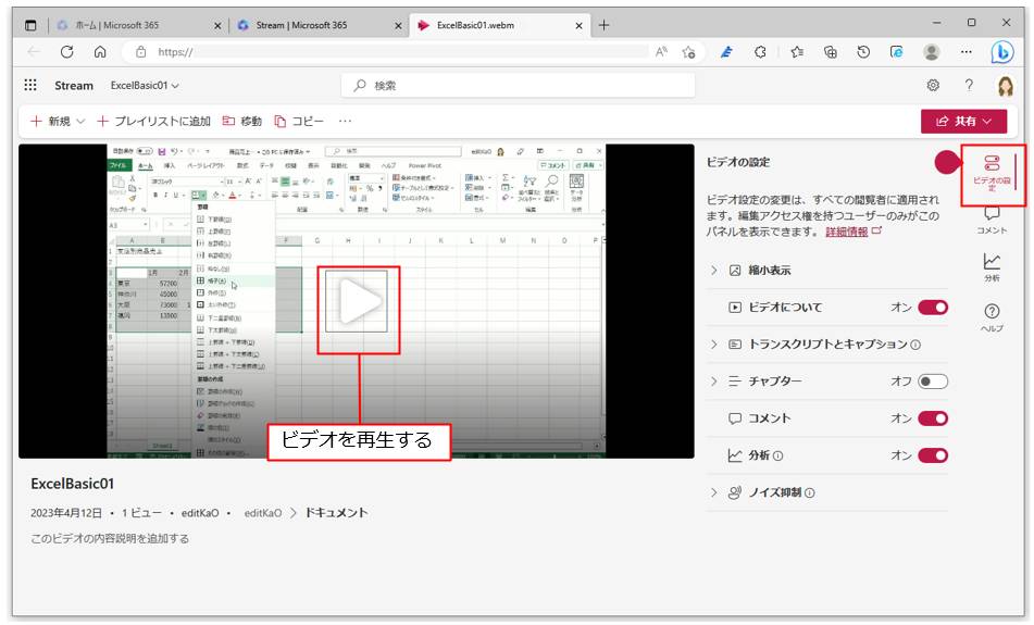 「ビデオの設定」画面では、ビデオのタイトルや説明、キャプションなどを設定できる