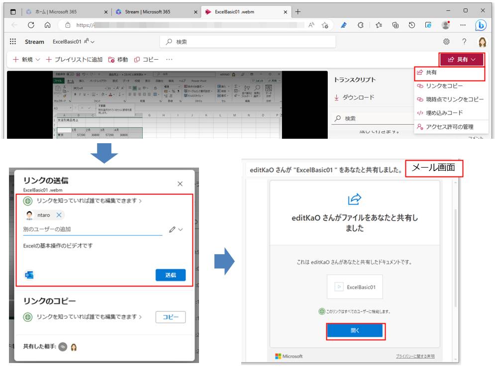 画面は、「共有」の「共有」から、メールでリンク先を送信した。メール本文の「開く」をクリックすると、Streamのビデオが再生される。なお、「ビデオの設定」画面は、アクセス権を持つユーザーのみ表示される