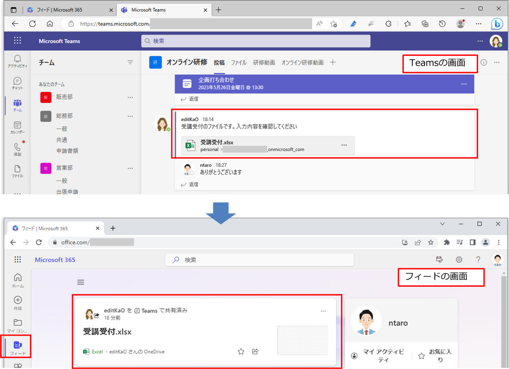 例えば、Teamsでファイルを共有すると、その共有したファイルの情報がフィードで確認できる