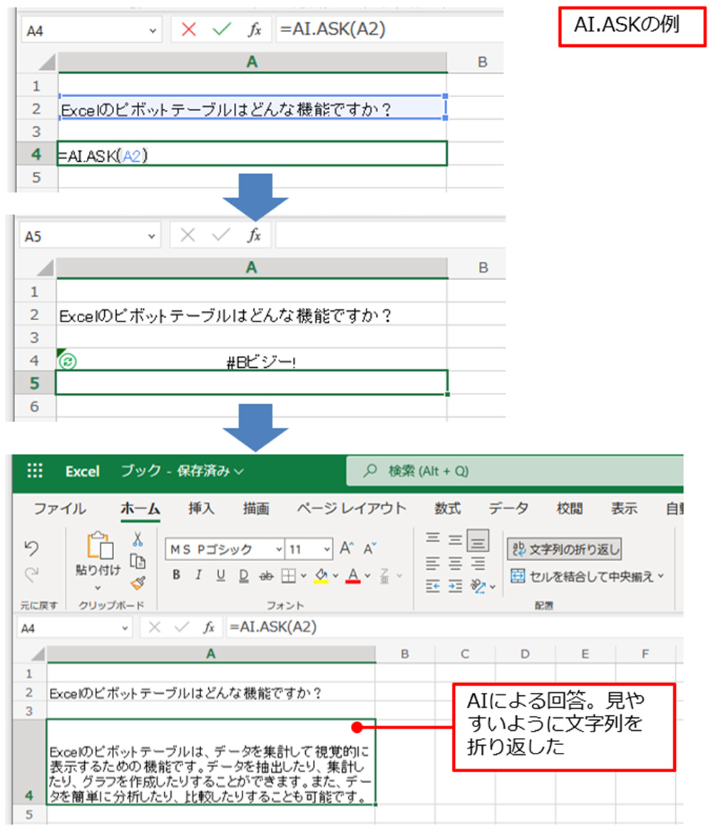 AI.ASKはChatGPTが質問に回答してくれる関数。「=AI.ASK(」に続けて、質問を入力したセル参照を指定するか、質問を””で囲む。「)」を入力後、「Enter」キーを押すと、回答が表示される。回答後、「#Bビジー!」と表示されている場合は処理をしている最中なのでしばらく待つとよい