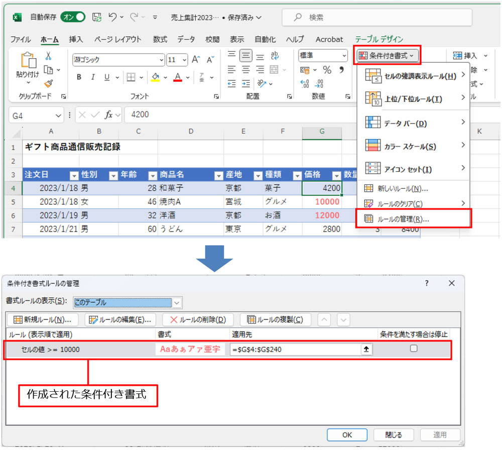 このプロンプトの場合、セルの書式が変更されているわけでなく、自動的に条件付き書式が作成され、条件に応じた書式を設定するようになっている。変更したい場合は、「ホーム」タブの「条件付き書式」ボタンから「ルールの管理」をクリックし、表示された「条件付き書式ルールの管理」画面から変更しよう