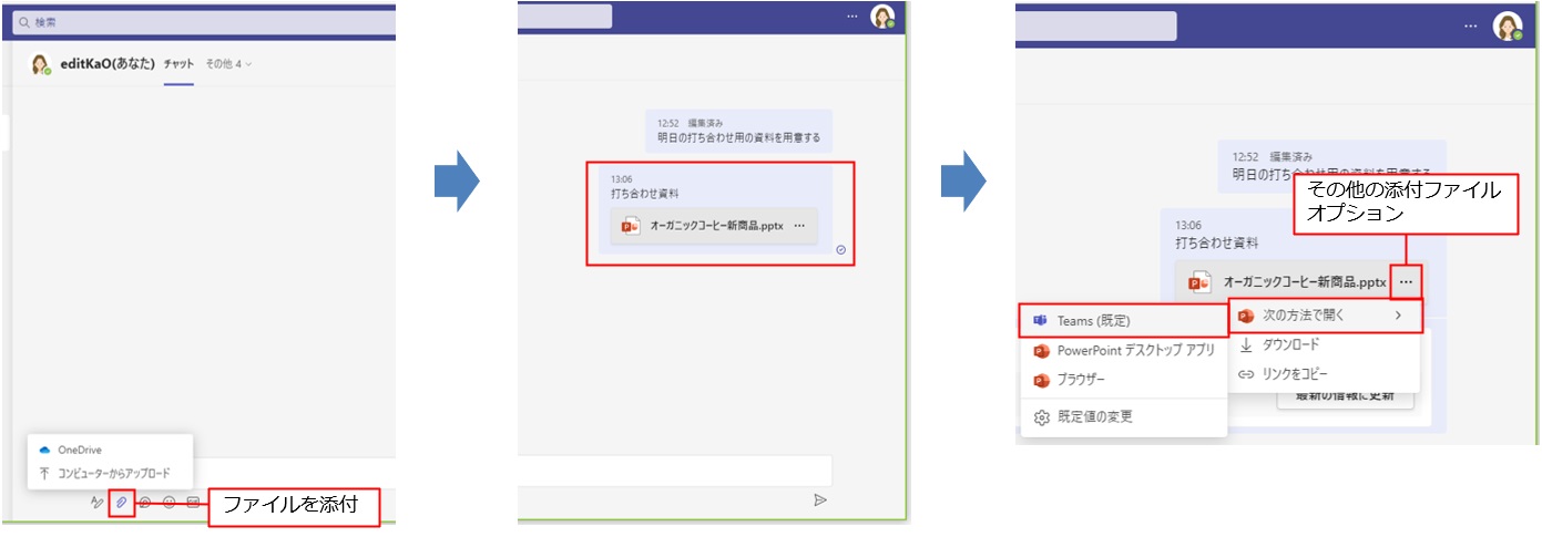 自分専用のチャットルームを作業ファイルの一時的な保管場所として利用できる。「新しいメッセージの入力」ボックスの「ファイルを添付」をクリックし、保存先を指定して送信する。送信したファイルは、「…」（その他の添付ファイルオプション）をクリックし、「次の方法で開く」の「Teams（既定）」をクリックすると、作成元のアプリを開かずにTeams上で編集が可能になる