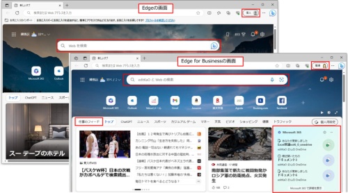 個人用はEdge、仕事用はEdge for Businessに切り替わる。切り替えは右上のプロフィールアイコンから行える
