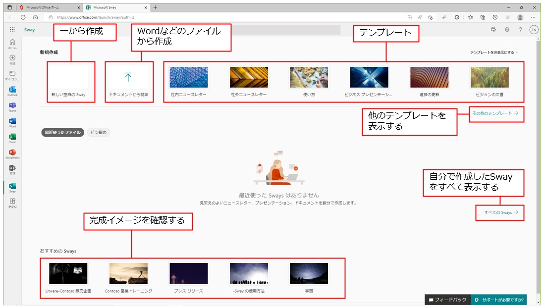 「Sway」を起動すると、新規作成のアイコンや「おすすめのSways」が表示される。一から作成する場合は「新しい空白のSway」、既存のWordやPowerPointファイルから作成する場合は「ドキュメントから開始」を選ぶ。手軽に作成したいときは、テンプレートからテーマに合ったものをクリックする。下側の「おすすめのSways」では完成したイメージを確認できるので、どのような感じになるかを確認してみるのもよい