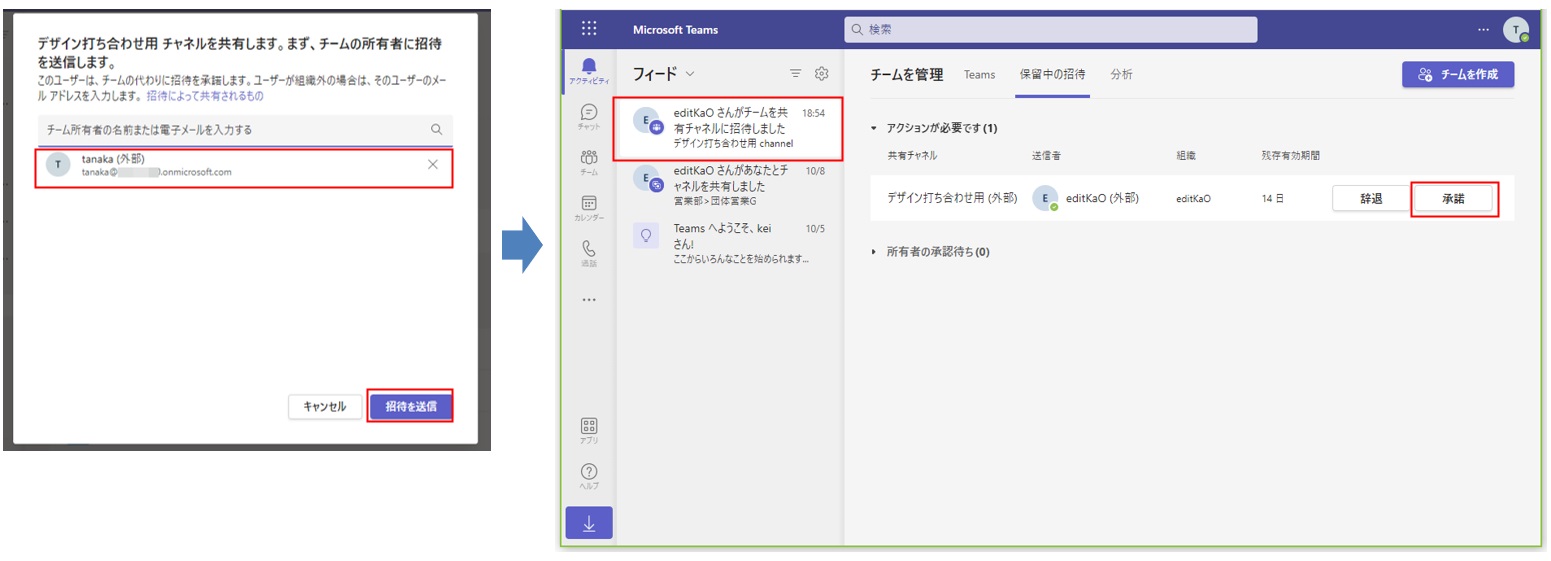 B2B直接接続をしている組織外のユーザーが所有するチームであれば、同じような流れで共有チャネルが追加可能だ。招待されたら、「承諾」をクリックして追加したいチームを選択すればよい