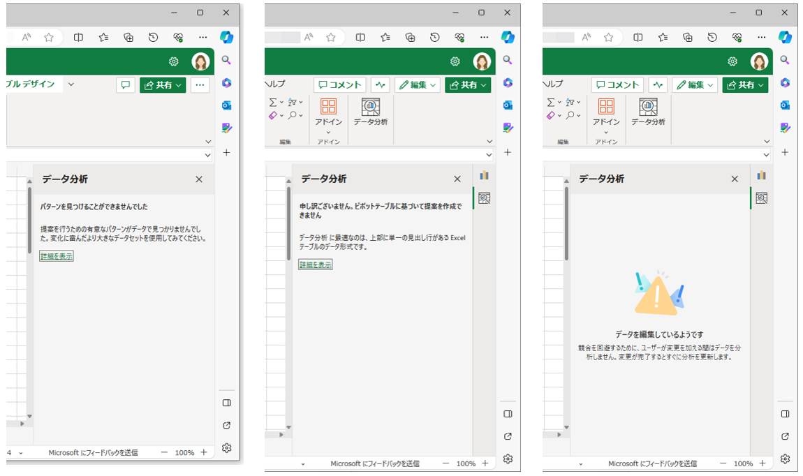 データ件数が少なかったり、150万件を超えて多過ぎたりした場合は、パターンを見つけることができないなどのメッセージが表示され、データ分析が機能しない。分析に適した集計ができなかった場合も同様にメッセージが表示される。また、同時に編集作業をすると、一時的にデータ分析が機能しない場合もある