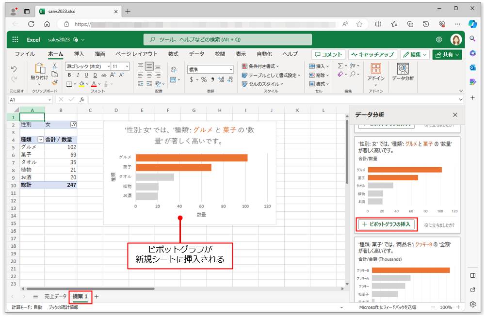 使用したい分析結果を表示し、その左下の「ピボットグラフの挿入」をクリックすると、新しいシートが挿入され、そこにピボットグラフが作成される